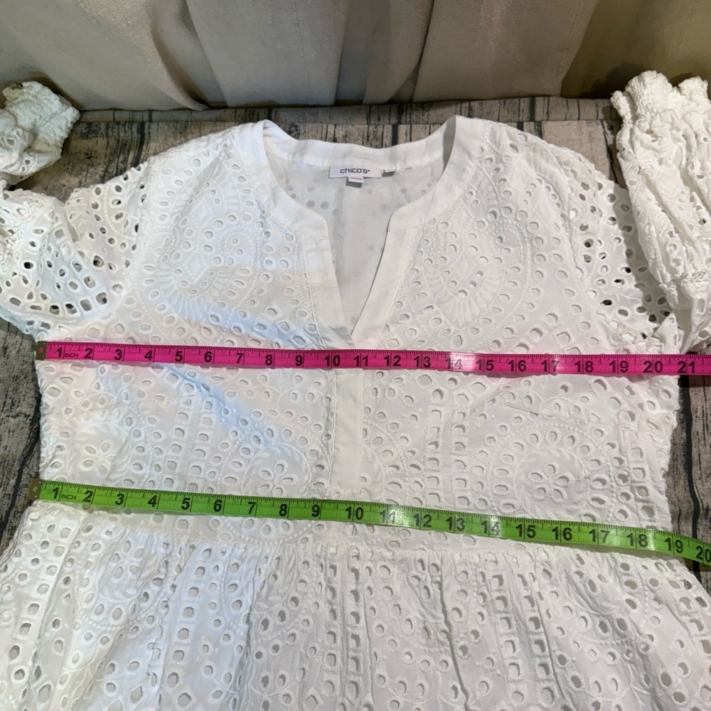 Chico’s White Eyelet Tiered V Neck Dress 12 Cottagecore Cotton Summer Spring - Picture 14 of 17